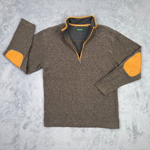 Orvis Simoom Quarter 1/4 Zip Sweatshirt Mens M Brown Leather Elbow Mock Neck - Picture 2 of 12